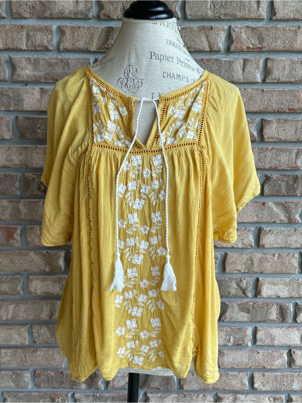 Blue Rain Yellow Embroidered Boho Peasant Top with Tassel Tie